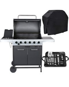 Embermann Prestige 6 Burner Gas Barbecue with Side Burner, Free Heavy-Duty Cover & Deluxe BBQ Tool Set 