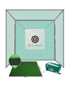 Hillman PGM 3m Semi-Commercial Golf Practice Cage 1.5m Deluxe Practice Mat with Tee And Ball Dispenser Package