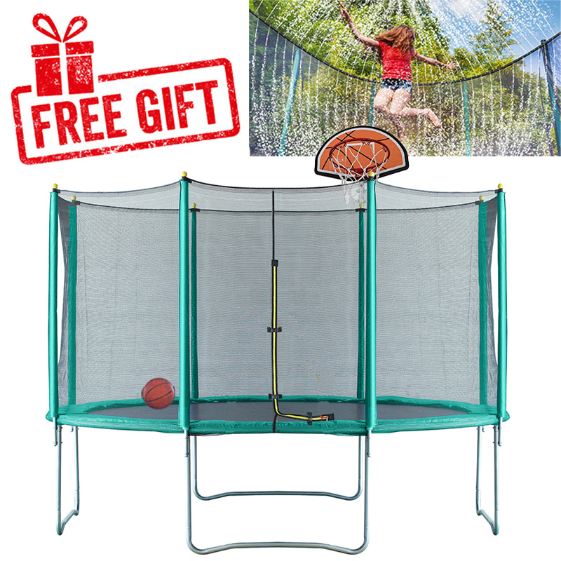 Velocity 12ft Trampoline with Safety Enclosure - Free Basketball & Anchor Kit - Green