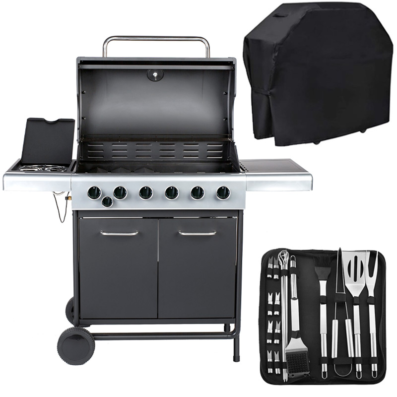 Embermann Prestige 6 Burner Gas Barbecue with Side Burner, Free Heavy-Duty Cover & Deluxe BBQ Tool Set