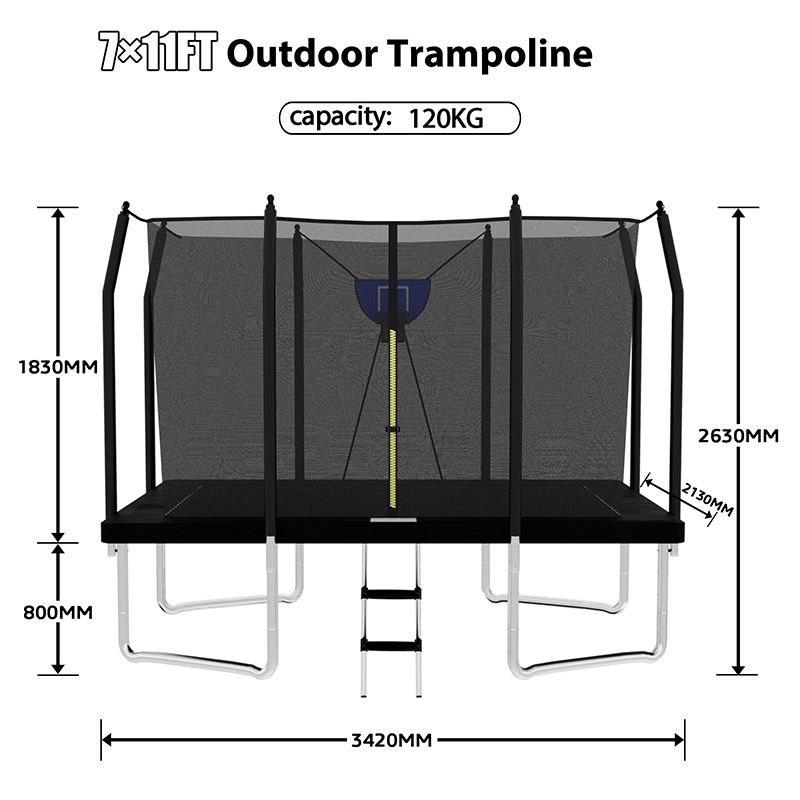 7x11ft Rectangular Trampoline with Safety Enclosure Black FREE Ladder & Basketball Game