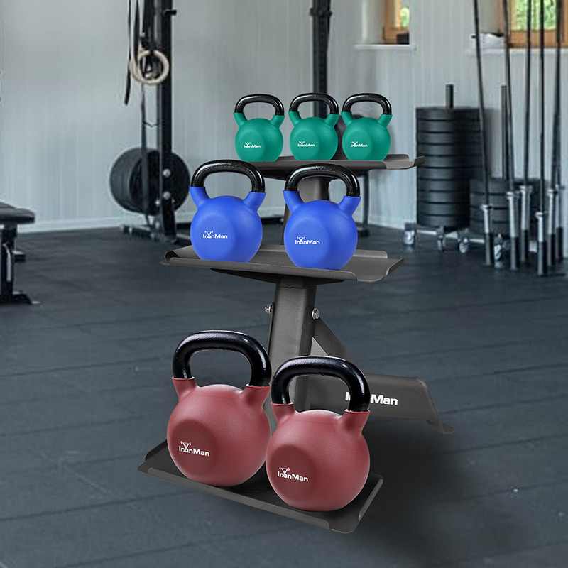 IronMan 4-16kg Kettlebell Set & Three-Tier Kettlebell Storage Rack | Eight Neoprene Coated Kettlebells