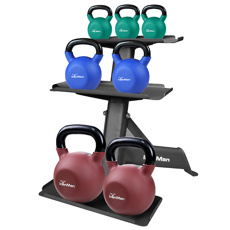 IronMan 4-24kg Kettlebell Set & Three-Tier Kettlebell Storage Rack | Eight Neoprene Coated Kettlebells