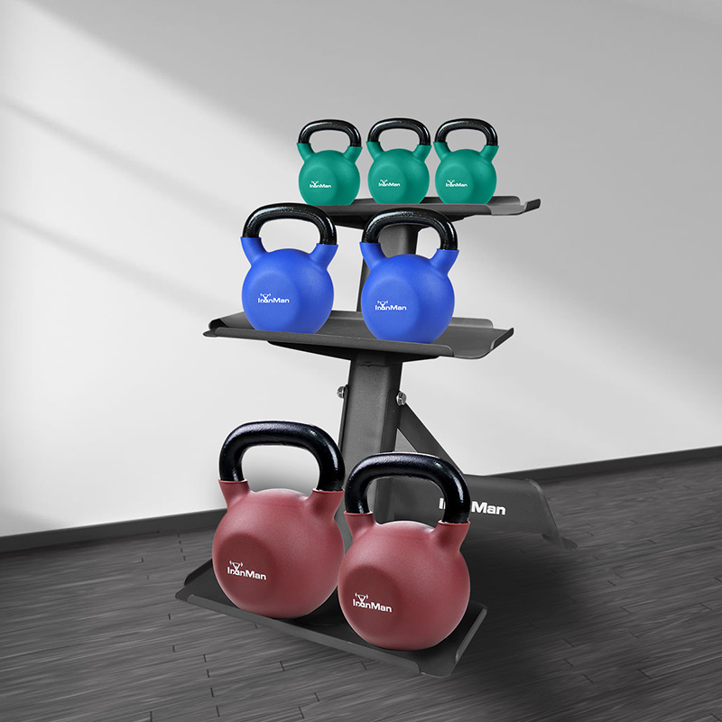 IronMan 4-24kg Kettlebell Set & Three-Tier Kettlebell Storage Rack | Eight Neoprene Coated Kettlebells