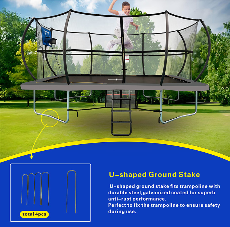 9x14ft Rectangular Trampoline with Safety Enclosure Grey - Free Ladder Shoe Tidy Anchor Kit Basketball