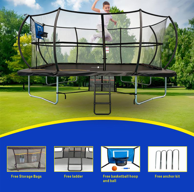 9x14ft Rectangular Trampoline with Safety Enclosure Black - Free Ladder Shoe Tidy Anchor Kit Basketball