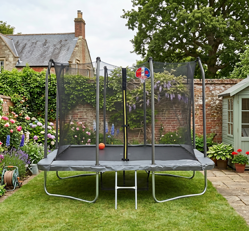 Big Air 5x7ft Rectangular Trampoline with Safety Enclosure Grey FREE Ladder Basketball Game & Shoe Tidy