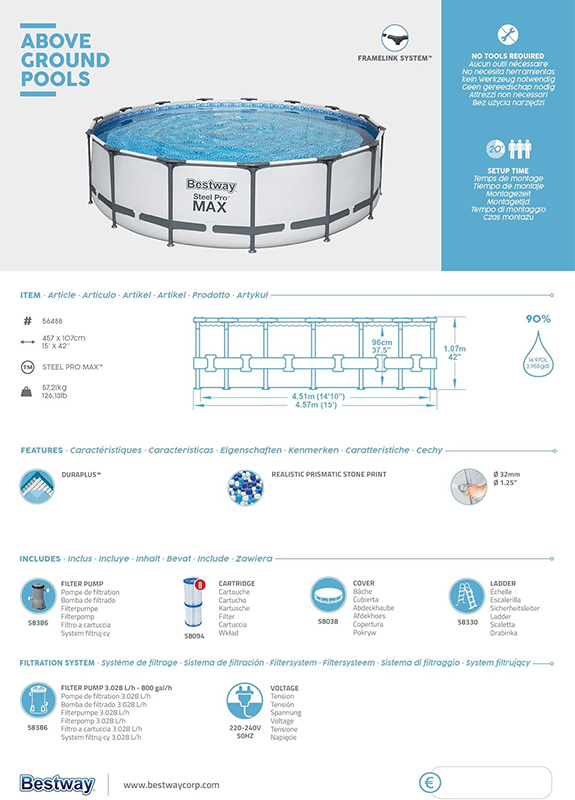 Bestway 15ft x 42inch Steel Pro Max™ Above Ground Swimming Pool With Filter Ladder & Cover