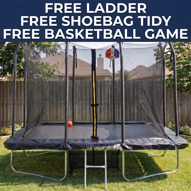 6x9ft Rectangular Trampoline with Safety Enclosure Black FREE Ladder Basketball Game & Shoe Tidy