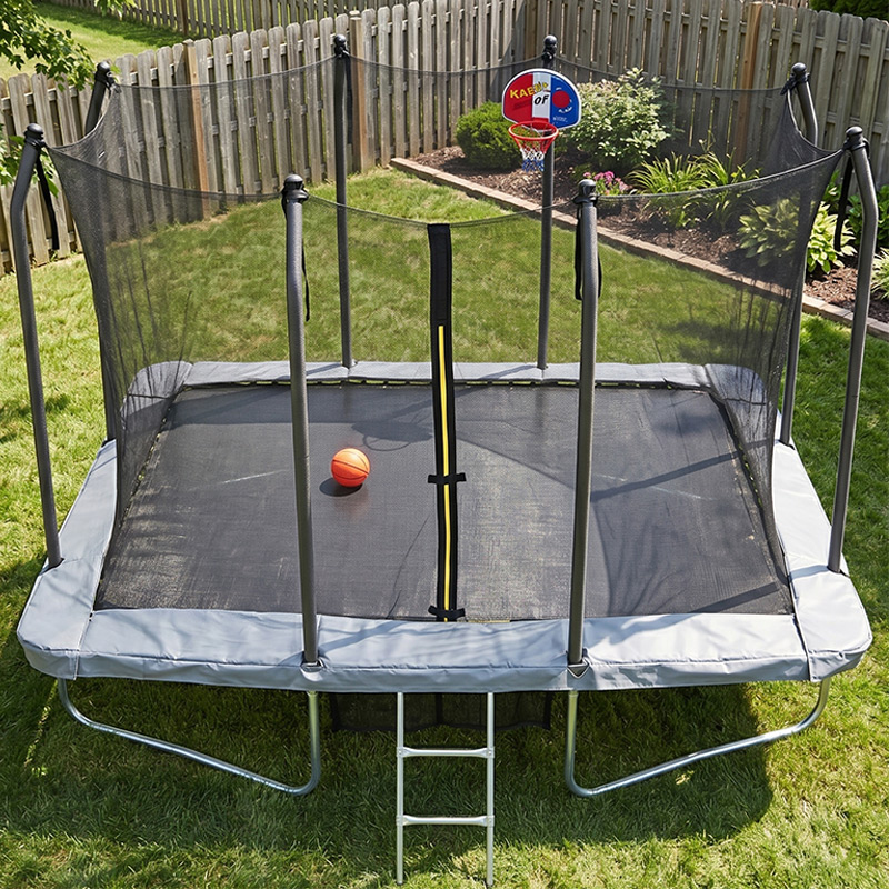 6x9ft Rectangular Trampoline with Safety Enclosure Grey FREE Ladder Basketball Game & Shoe Tidy
