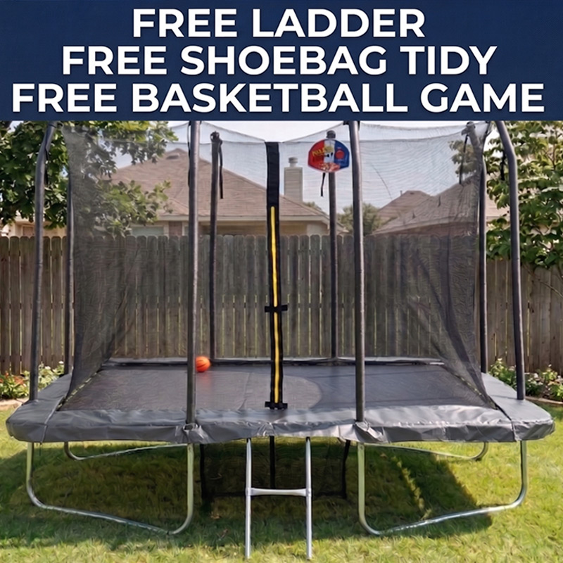5x7ft Rectangular Trampoline with Safety Enclosure Grey FREE Ladder Basketball Game & Shoe Tidy