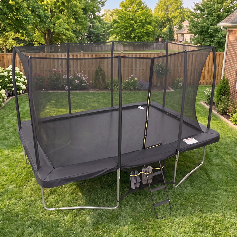 8x12ft Rectangular Trampoline with Safety Enclosure Black – Free Ladder & Shoe Tidy