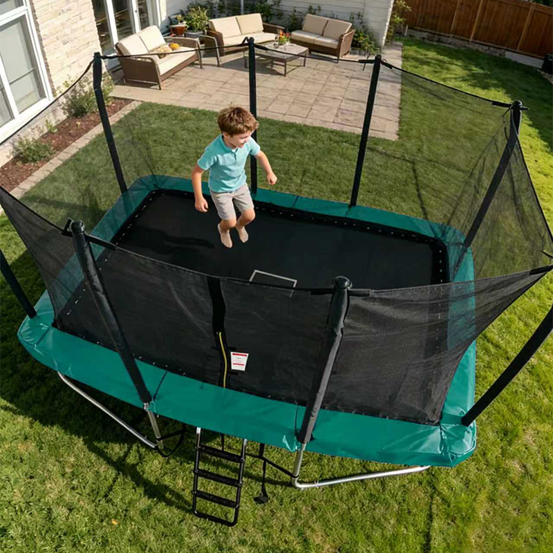 8x12ft Rectangular Trampoline with Safety Enclosure Green – Free Ladder & Shoe Tidy