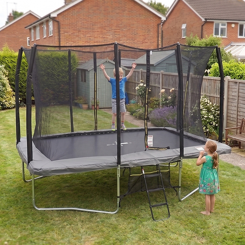 8x12ft Rectangular Trampoline with Safety Enclosure Grey – Free Ladder & Shoe Tidy