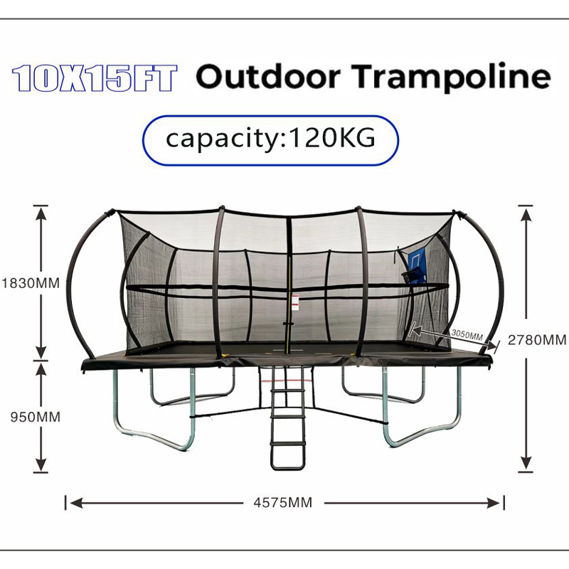10x15ft Rectangular Trampoline with Safety Enclosure Black - Free Ladder Shoe Tidy Anchor Kit Basketball