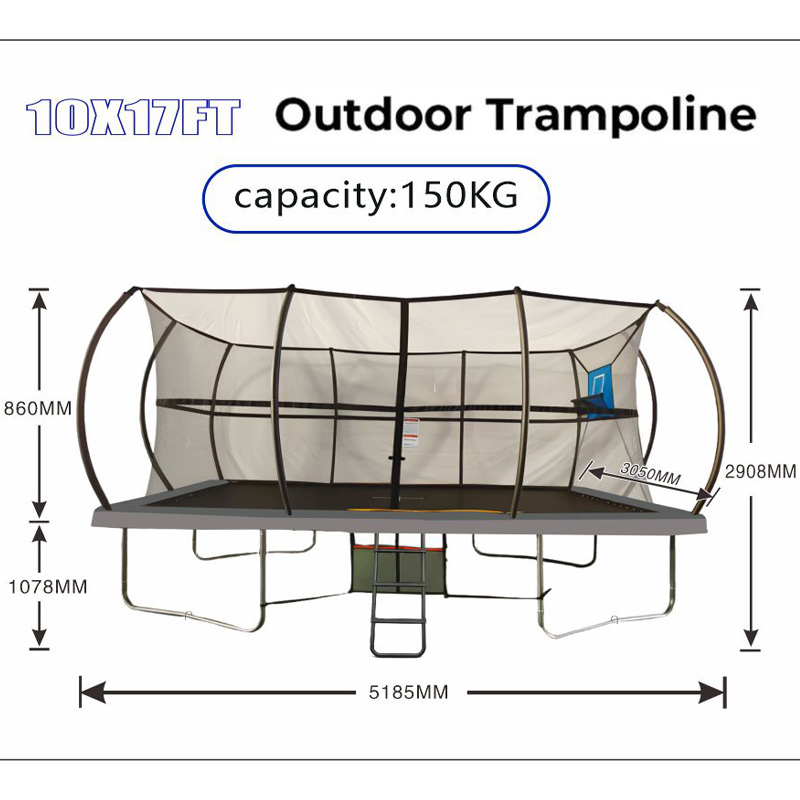 10x17ft Rectangular Trampoline with Safety Enclosure Grey - Free Ladder Shoe Tidy Anchor Kit Basketball