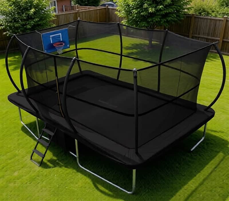 Big Air Super Bounce 10x15ft Rectangular Trampoline with Safety Enclosure Black - Free Ladder Shoe Tidy Anchor Kit Basketball
