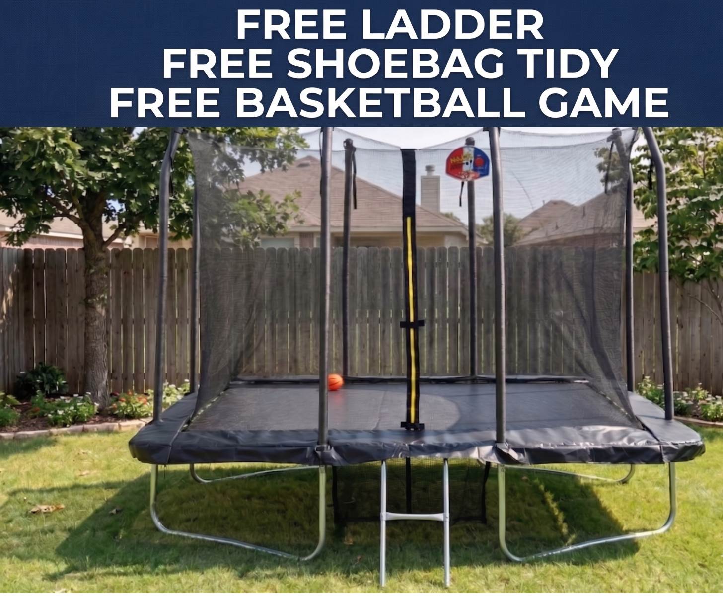 5x7ft Rectangular Trampoline with Safety Enclosure FREE Ladder Basketball Game & Shoe Tidy