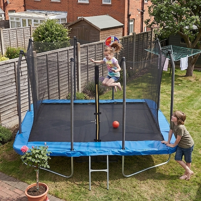 6x8ft Rectangular Trampoline with Safety Enclosure Blue FREE Ladder Basketball Game & Shoe Tidy
