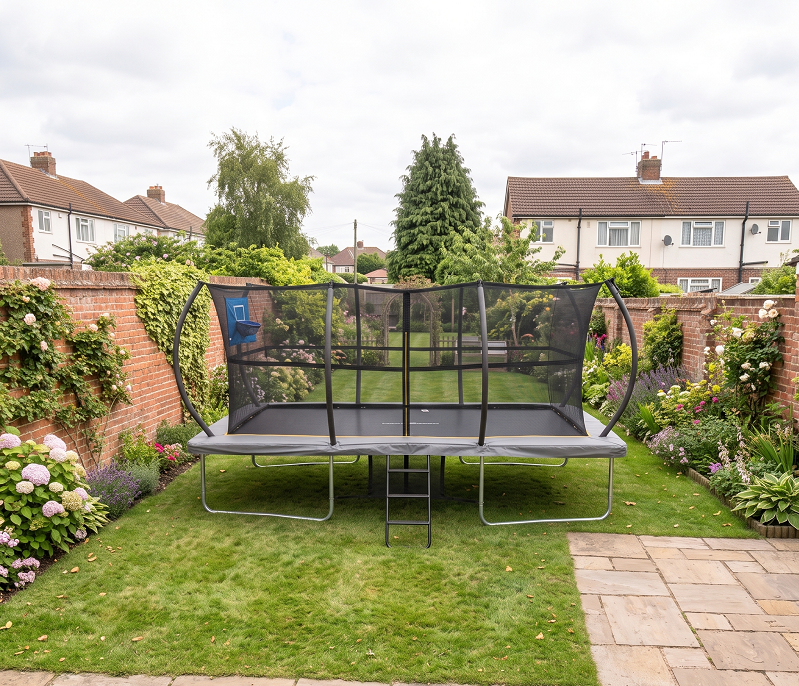 Big Air Super Bounce 9x14ft Rectangular Trampoline with Safety Enclosure Grey - Free Ladder Shoe Tidy Anchor Kit Basketball - Image 14